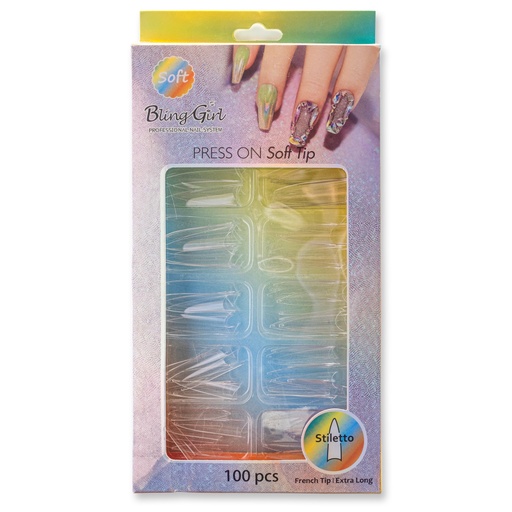 [6362107782734] Bling Girl BG-153 Stiletto French Tip Press On Soft Tips 100 pcs Clear [9112]